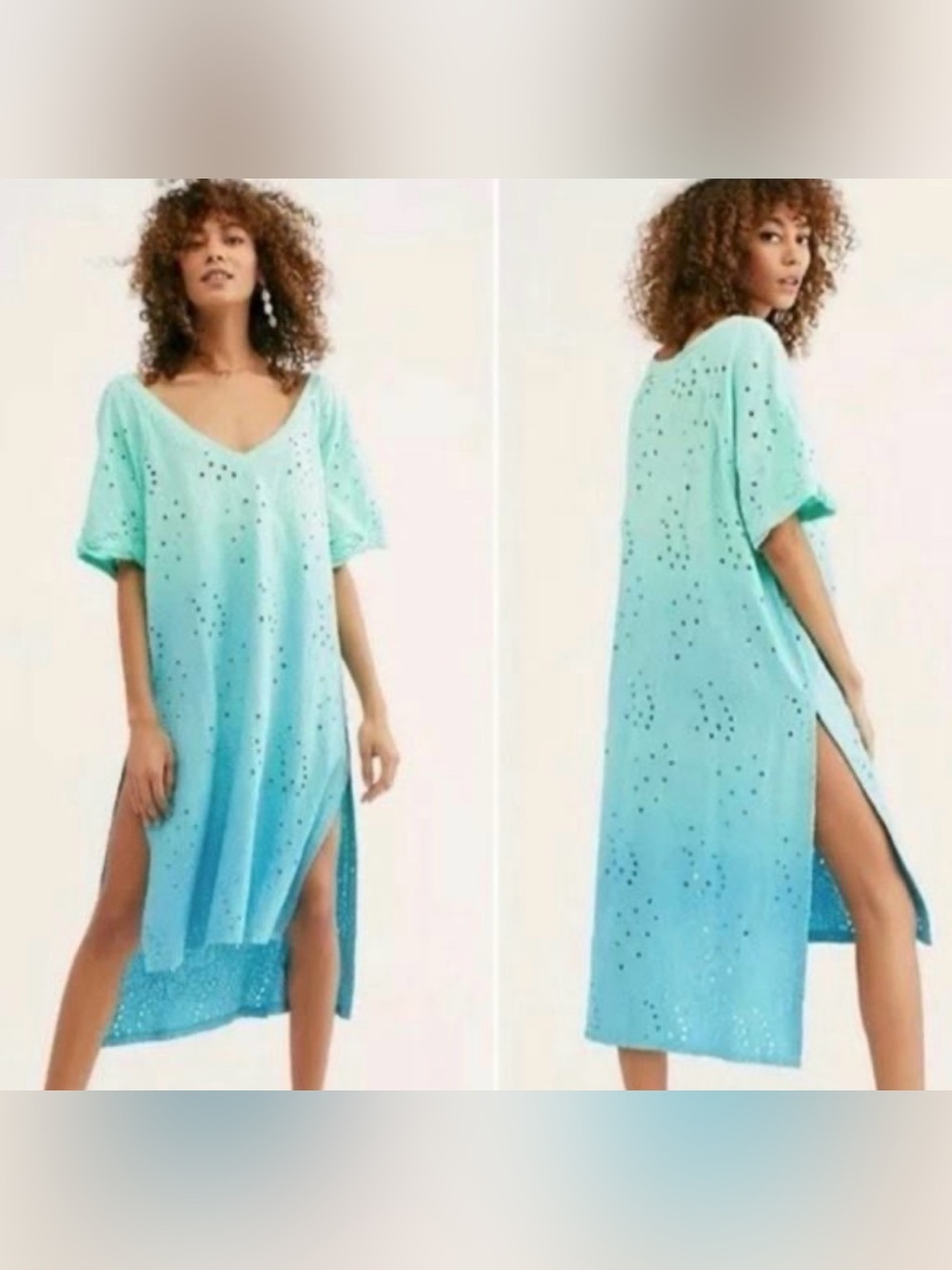 Free People Aqua Eyelet V-Neck Swim Cover-Up Dress Oversized small